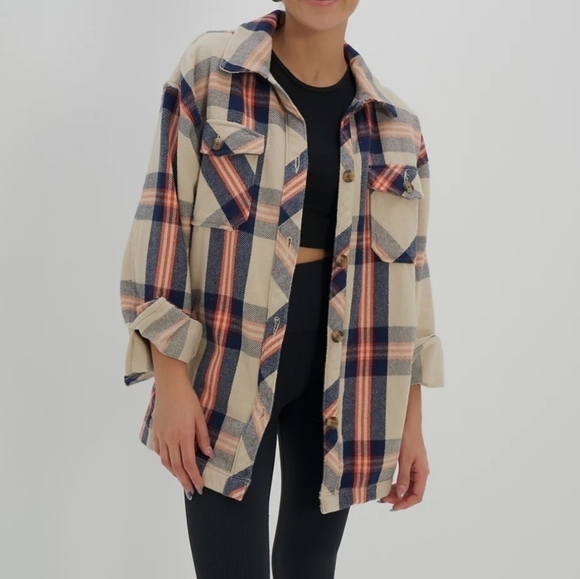 AERIE OFFLINE Flannel Button Down Jacket Shacket In Soft Oat Navy Orange Size XS - Picture 12 of 16